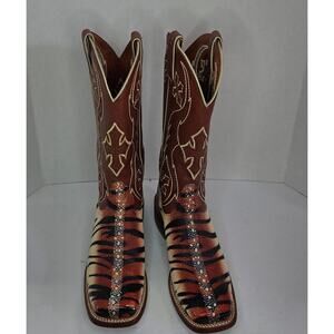 Nocona Cowboy Boots Womens 8.5 Exotic Print Tiger Square Toe Western Leather
